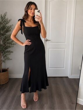 Anrabess Black Tie Strap Midi Dress Women’s Medium Elegant Flowy Cocktail Dress